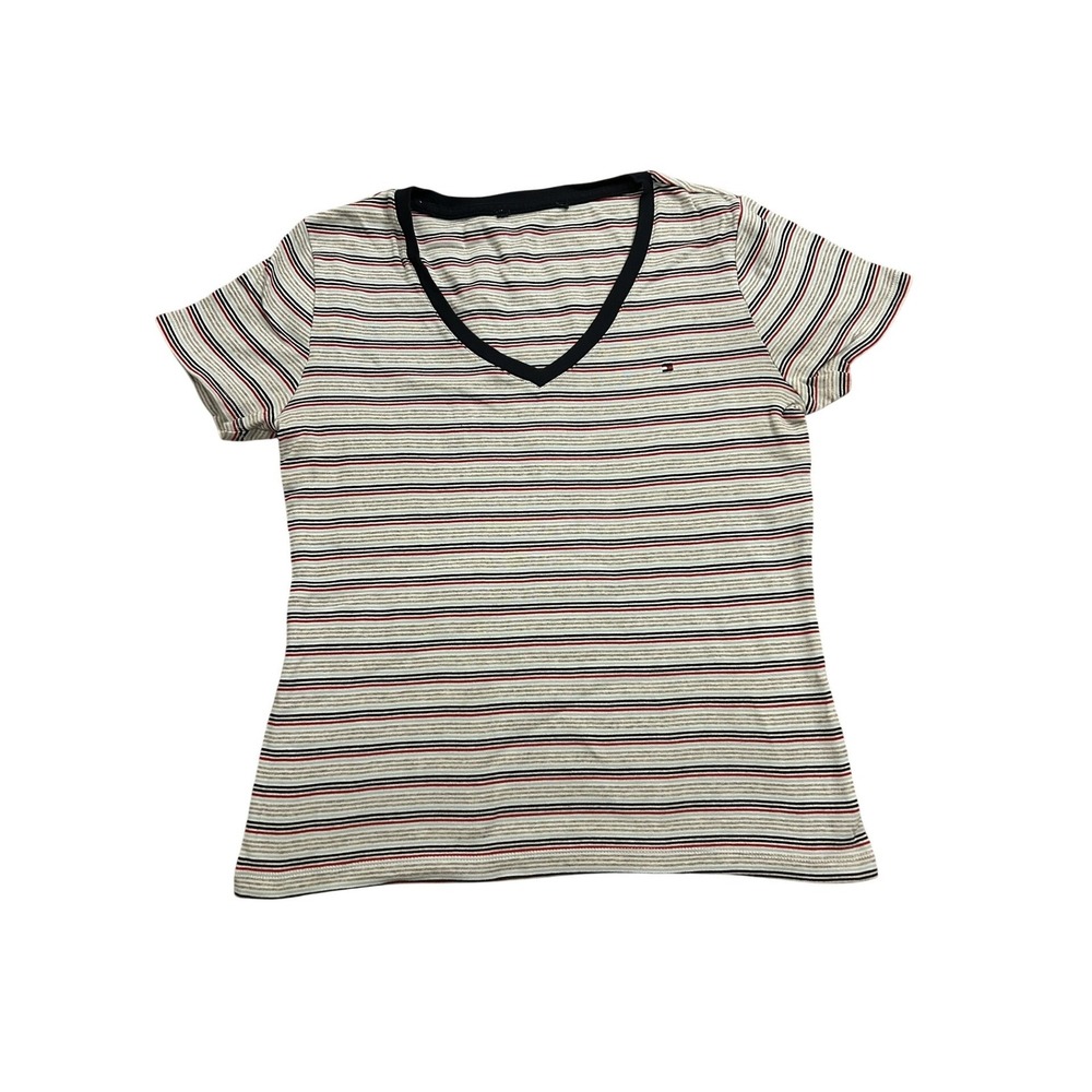 Tommy Hilfiger‎ Striped V-Neck T-Shirt Womens M White Red Blue Excellent Cotton